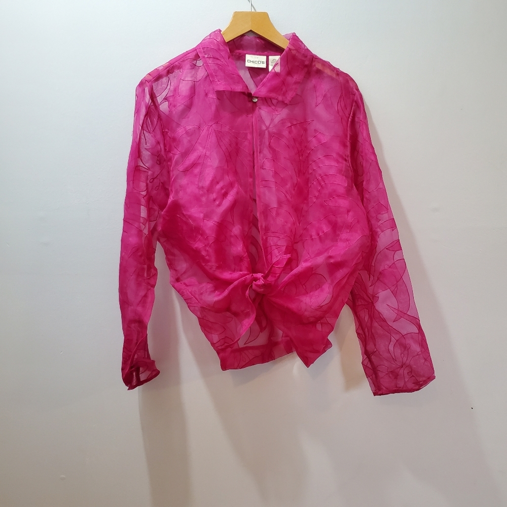 Chico's Silk Embroidered Sheer Long Sleeved Top